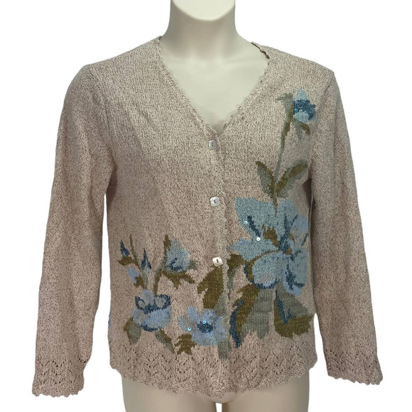Talbots Sweaters - Talbots Embellished Cardigan Sweater Silk Floral Flowers Beige Blue Size L